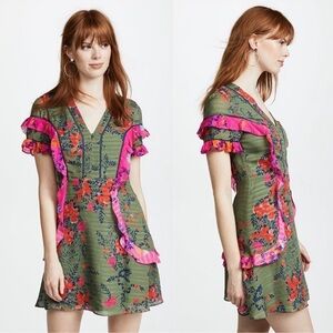 Tanya Taylor Olive and Fuchsia Floral Mini Dress